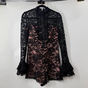 Alexis medium Black Lace Romper High Neck Bell Sleeve Lined Party Cocktail